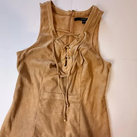 GUESS Sabine Faux Suede Lace Up Mini Dress - Tan/Camel - Picture 3 of 7